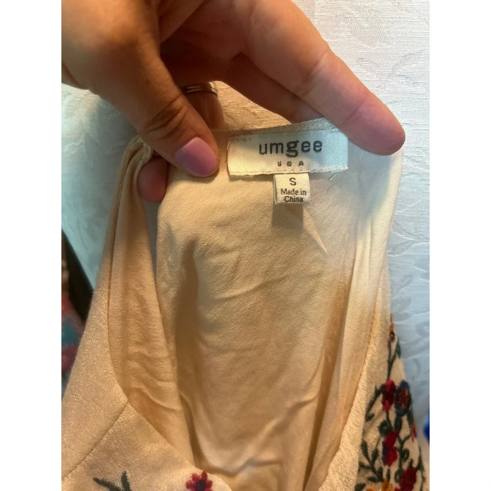 Umgee Boho Floral Embroidered‎ Bell Sleeve Mini Dress Cream Ivory Babydoll Sz S